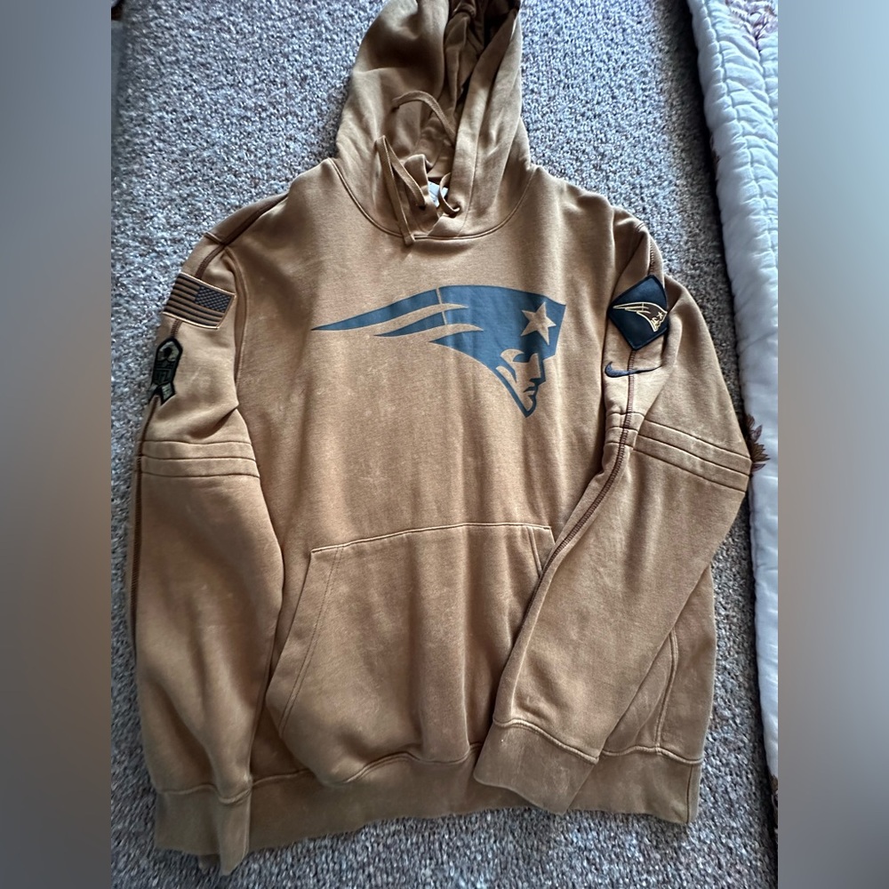 Patriots Tan Sleeve Hoodie with American Flag & NFL Ribbon Patches